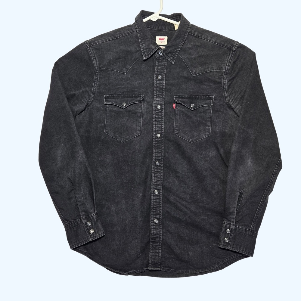 Levis Western Pearl Snap Black Denim Shirt Long Sleeve Standard Fit Mens Medium - Picture 2 of 7